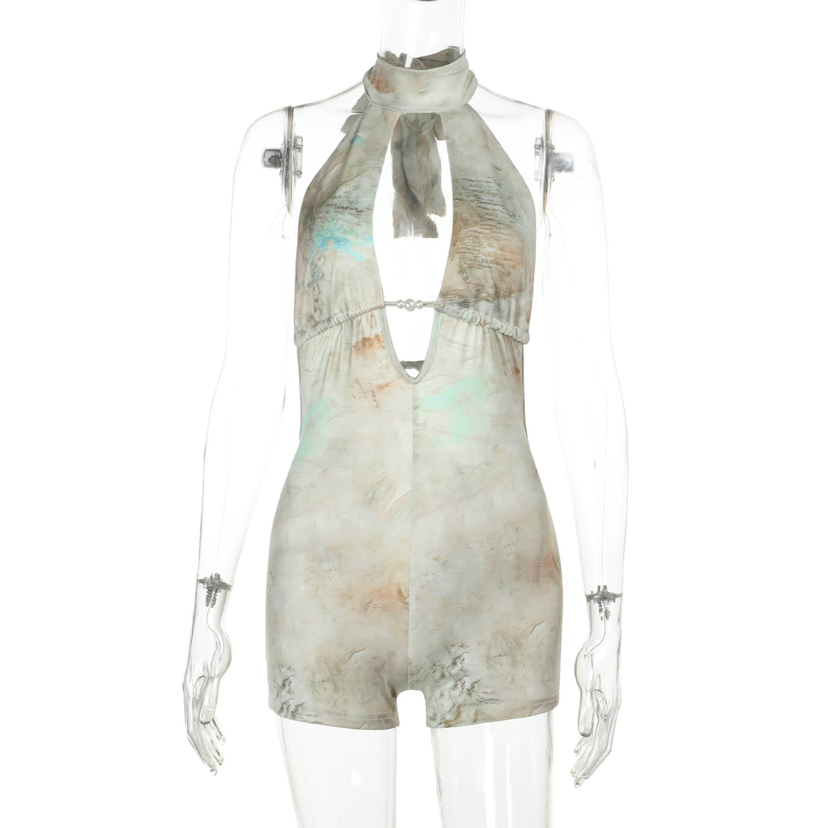 Damen eleganter Halter-Jumpsuit mit tiefem V-Ausschnitt und verspieltem Rüschendetail EB