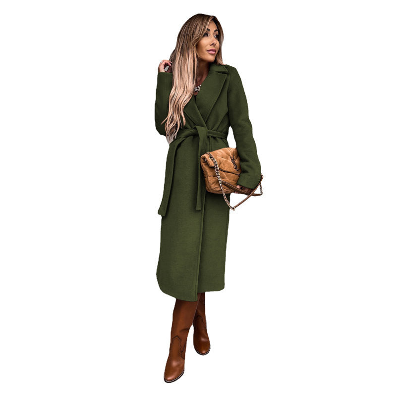 Damen eleganter Wollmantel mit Gürtel und klassischem Revers EB