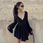 Damen elegantes Kleid mit tiefem V-Ausschnitt und langen Ärmeln EB