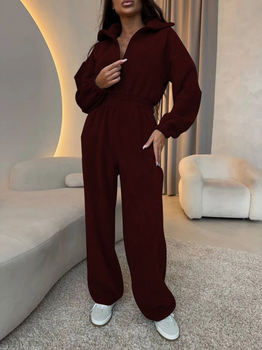 Damen eleganter Jumpsuit mit kurzem Reißverschluss und elastischem Bund EB