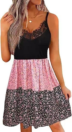Damen Blumenkleid mit Spitzenoberteil und gefächertem Rock EB