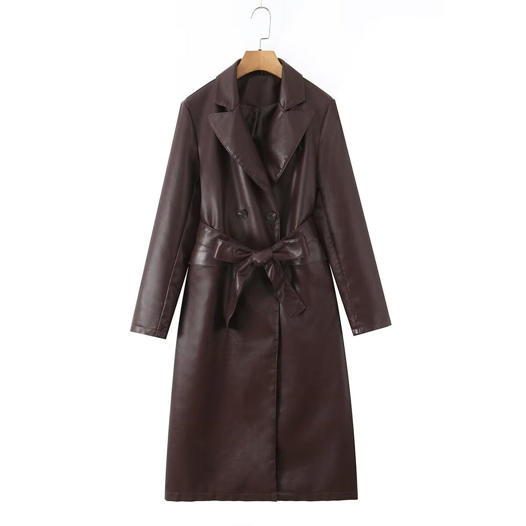 Damen Kunstleder Trenchcoat mit Taillengürtel und eleganter Taschennaht EB