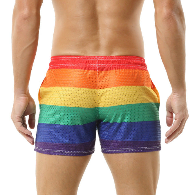 Herren Badeshorts mit atmungsaktivem Netzmaterial und buntem Regenbogenmuster EB