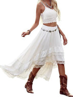 Damen Boho Maxi-Rock mit asymmetrischem Saum und Spitzenverzierungen EB