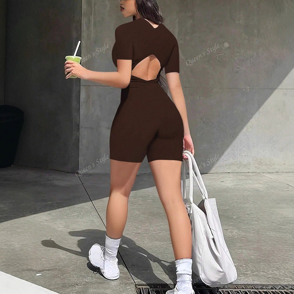 Damen Bodycon Jumpsuit mit kurzem Arm und Reißverschluss EB