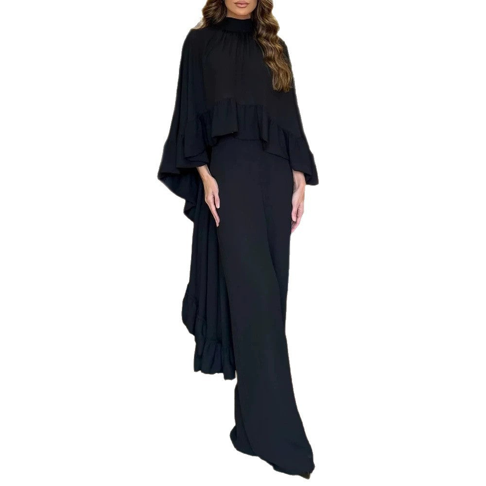 Eleganter Damen-Jumpsuit mit Cape-Rüsche und weitem Palazzo-Bein