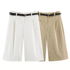 High-Waist-Culotte-Shorts mit Falten und Ziergürtel