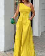 Damen Eleganter Jumpsuit mit asymmetrischem Ausschnitt und Taillengürtel EB