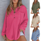 Damen lässiges Waffle-Shirt mit Stehkragen und Knopfleiste EB