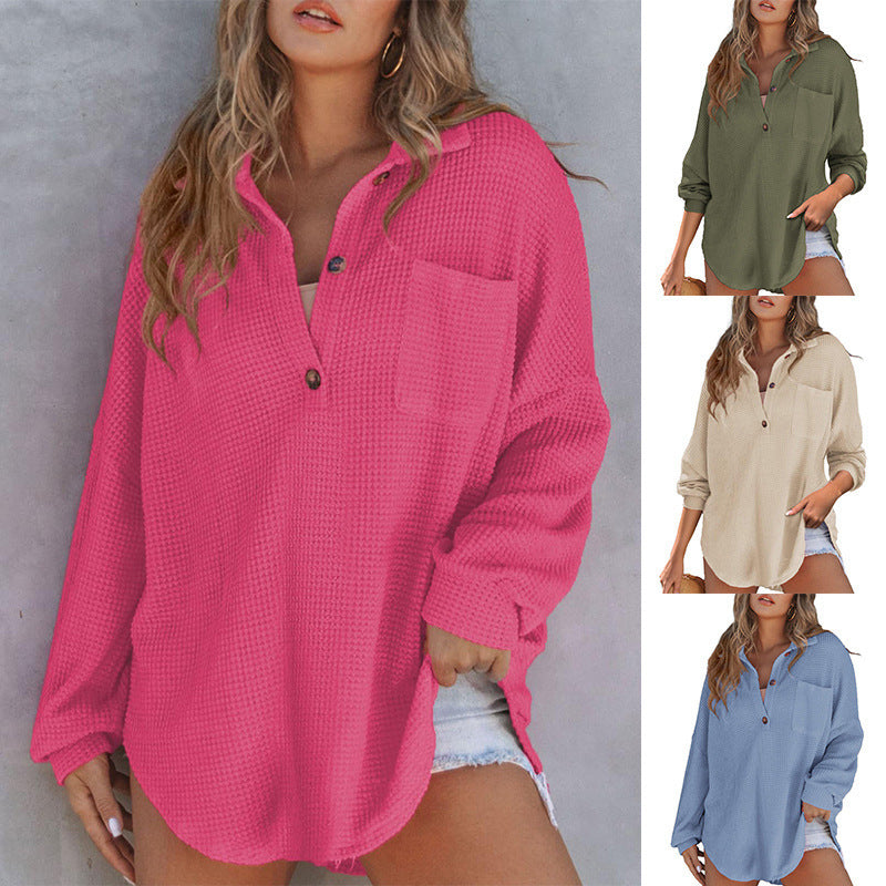 Damen lässiges Waffle-Shirt mit Stehkragen und Knopfleiste EB