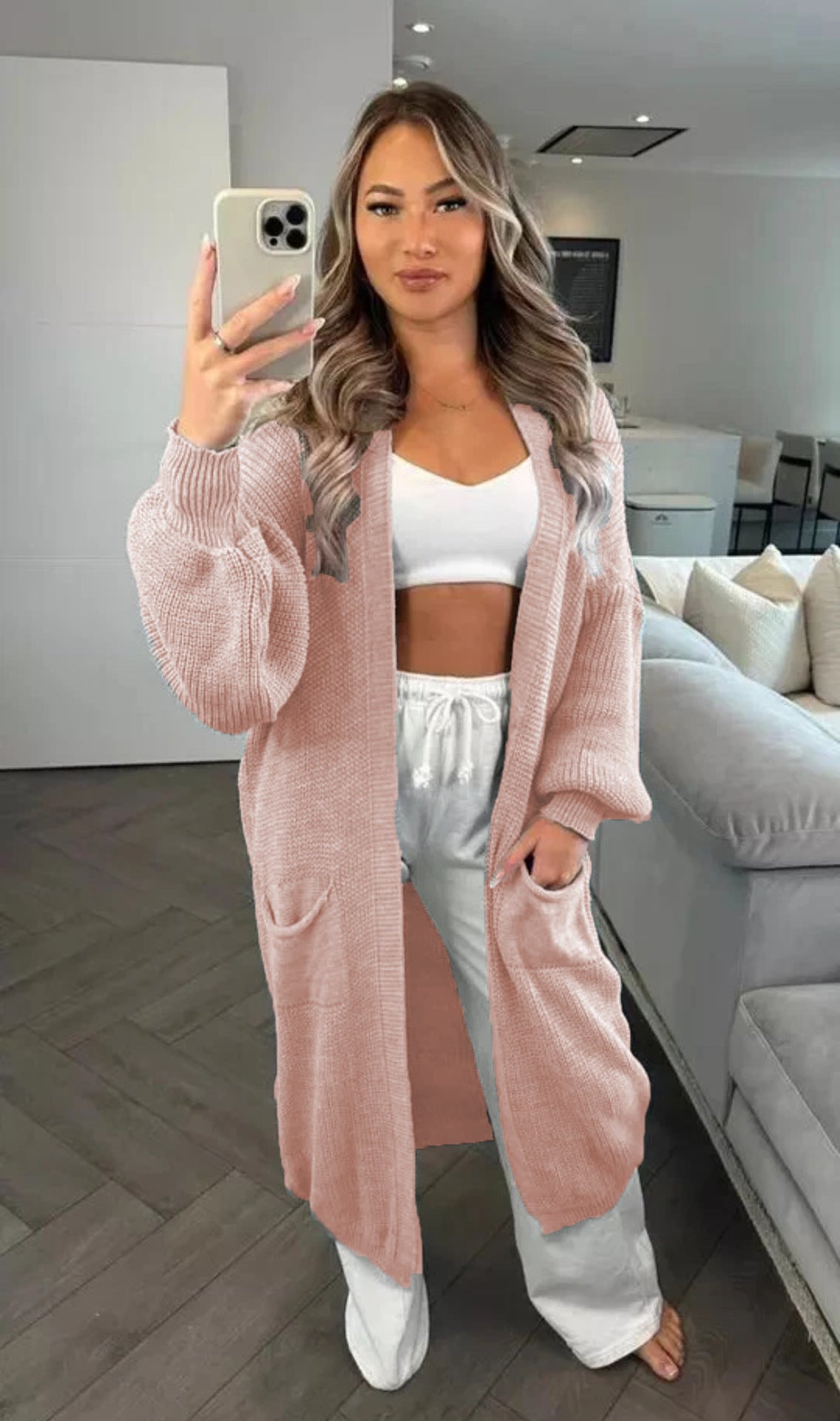 Damen lässiger Strickmantel mit tiefen Taschen und offenem Design EB