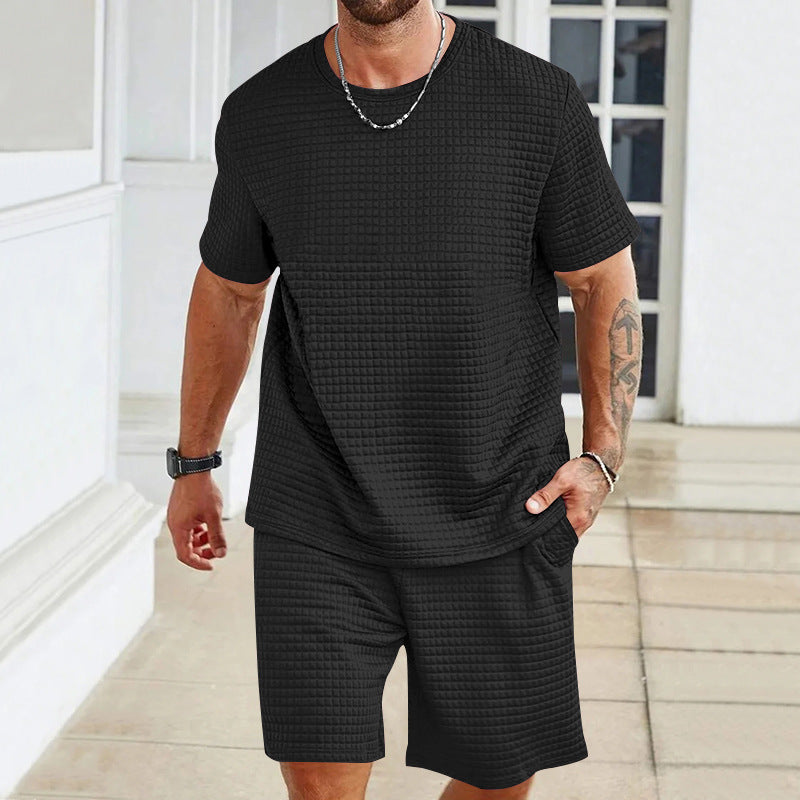 Herren nan Waffelstruktur Wohn- und Freizeit-Set mit weit geschnittenem Kurzarmshirt und kurzer Hose mit elastischem Bund EB