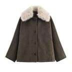 Damen eleganter Oversized-Mantel mit abnehmbarem Kunstfellkragen EB