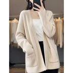 Damen bequeme Strickjacke mit Taillengürtel und Taschen EB