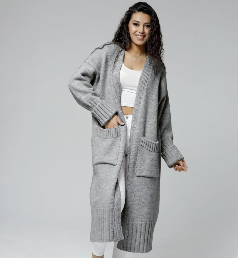 Damen Langer Strickmantel mit praktischen Taschen und strukturiertem Design EB