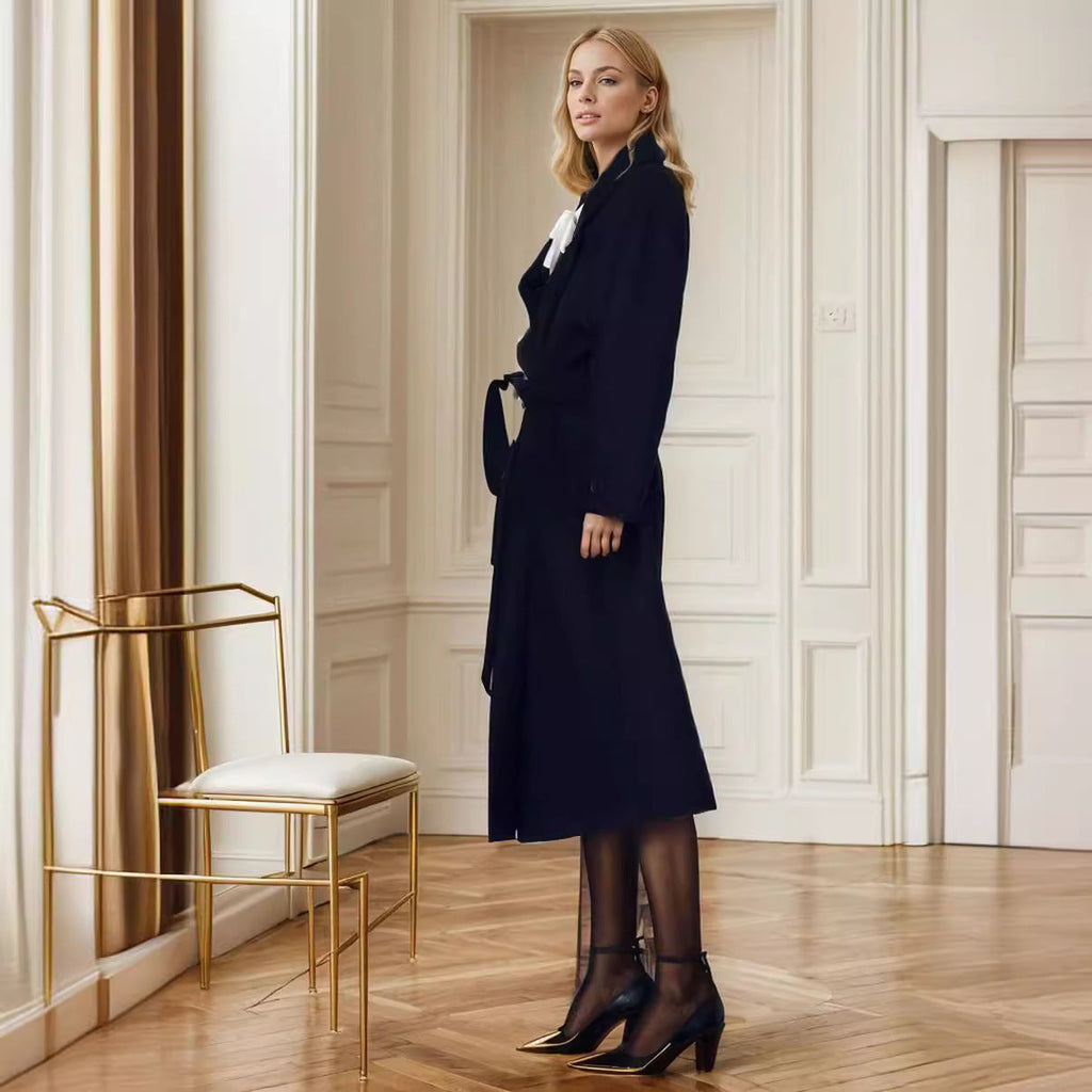 Damen eleganter Wollmantel mit Gürtel und weit geschnittenen Ärmeln EB