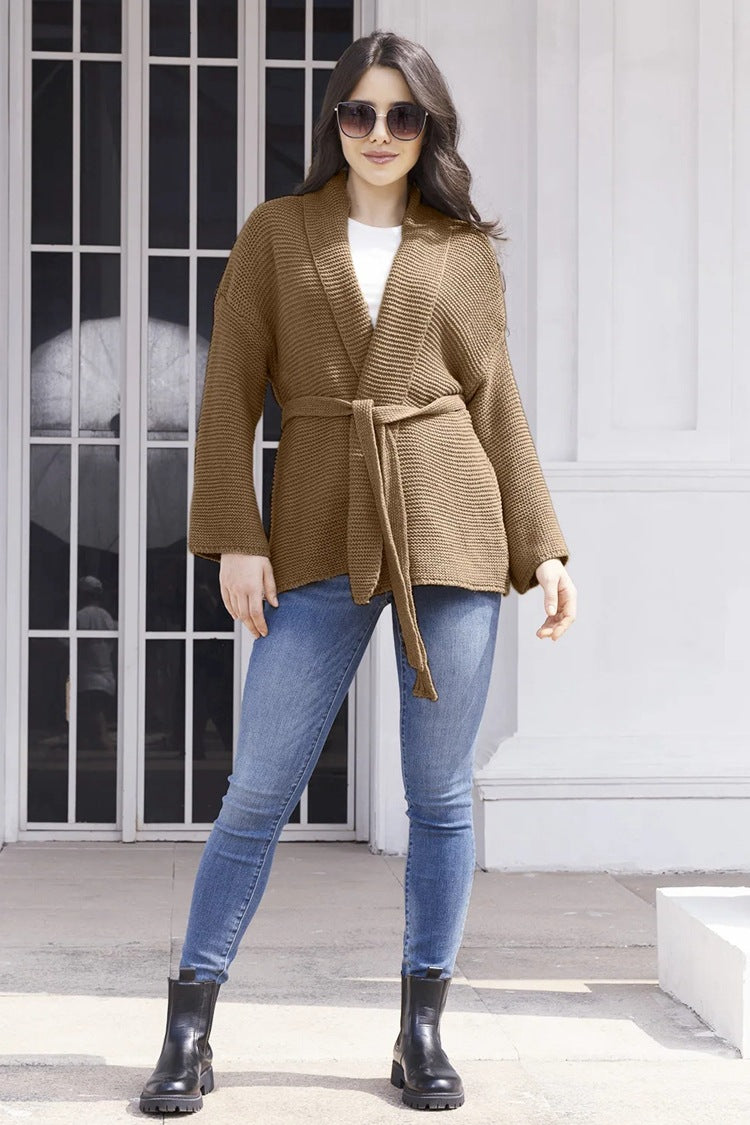Damen Grobstrick-Cardigan mit Gürtel und weitem Schnitt EB