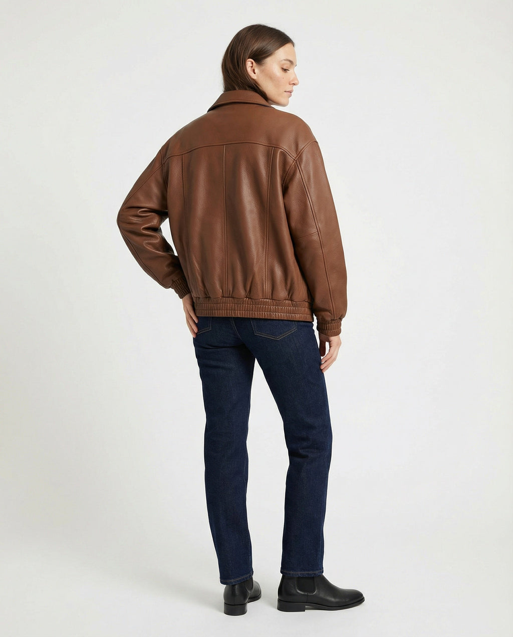 Damen grainierte Nappa-Optik Blousonjacke mit Hemdkragen elastischem Saum und verdeckter Druckknopfleiste EB