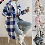 Damen nan langer Teddy-Karo-Mantel mit Hemdkragen, aufgesetzten Brusttaschen und Knopfleiste EB