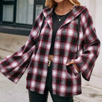 Damen Karo Overshirtjacke im lässigen Stil mit Kapuze und weiten Ärmeln EB