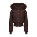 Damen cropped Daunenjacke mit abnehmbarer Kapuze und Kunstfellbesatz