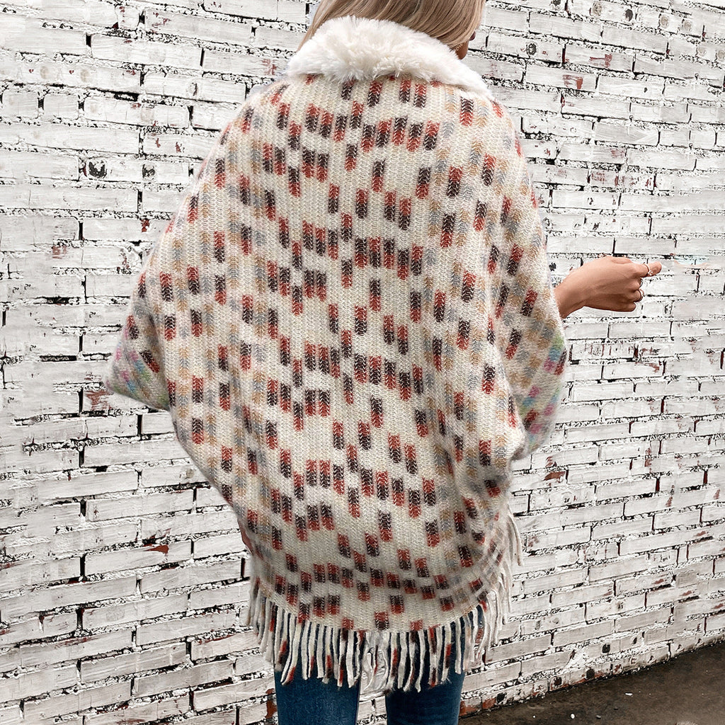 Damen eleganter Poncho mit luxuriösem Kunstfellkragen und Fransen EB