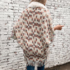 Damen eleganter Poncho mit luxuriösem Kunstfellkragen und Fransen EB