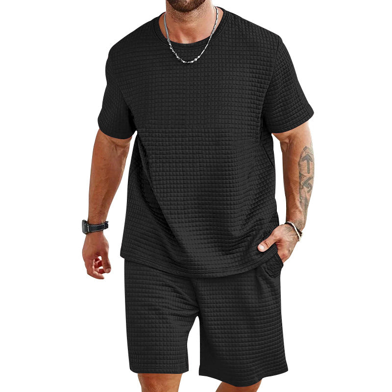 Herren nan Waffelstruktur Wohn- und Freizeit-Set mit weit geschnittenem Kurzarmshirt und kurzer Hose mit elastischem Bund EB