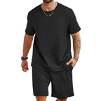 Herren nan Waffelstruktur Wohn- und Freizeit-Set mit weit geschnittenem Kurzarmshirt und kurzer Hose mit elastischem Bund EB