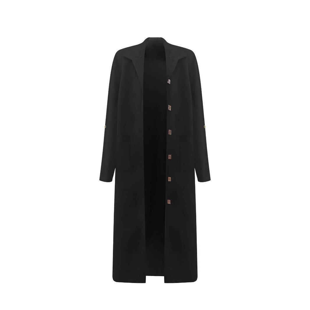 Damen Langmantel aus weichem Stoff mit eleganten Knopfdetails und Taschen EB