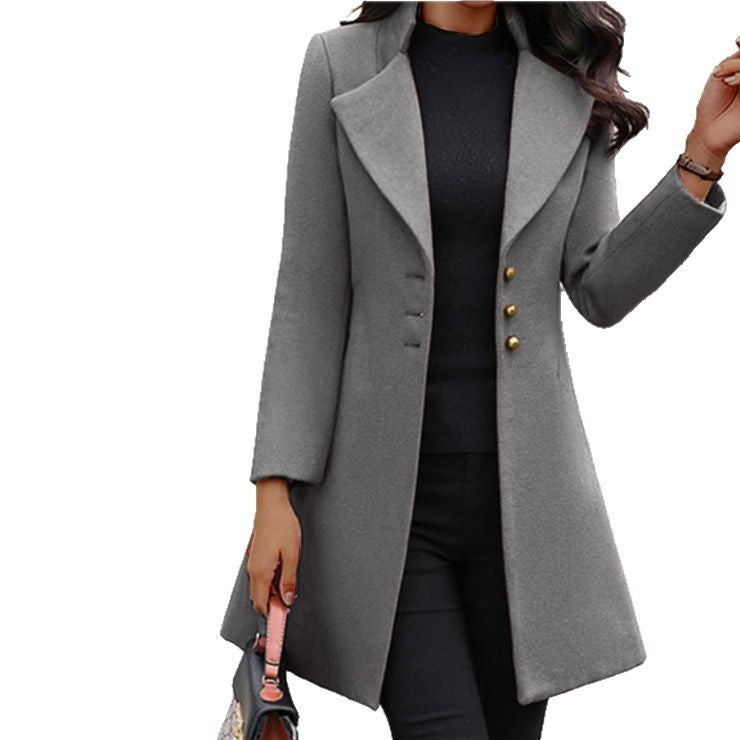 Damen eleganter einreihiger Mantel mit Schalkragen und Knopfdetails EB