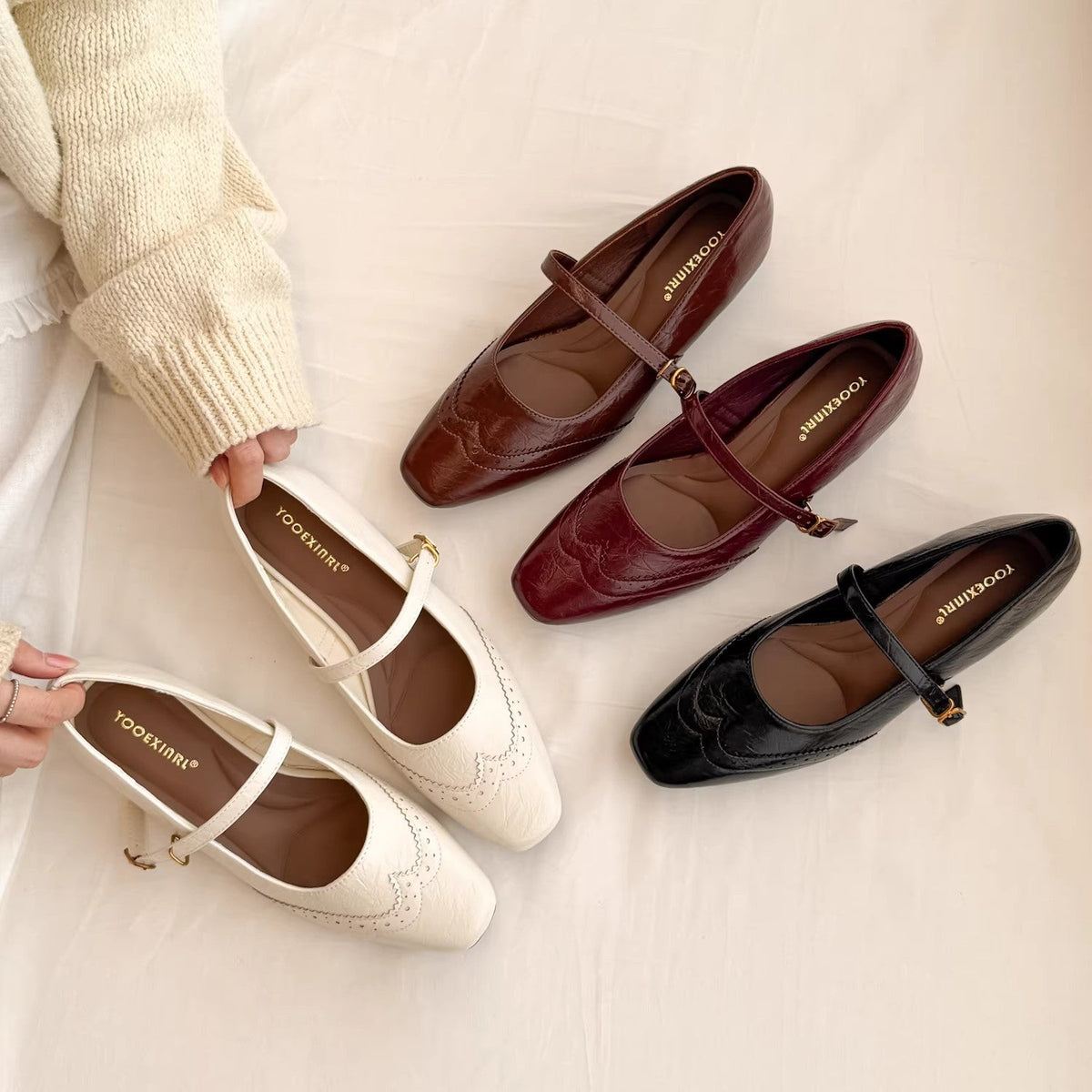 Damen elegante Ballerinas mit verstellbarem Riemen und feiner Brogue-Prägung EB