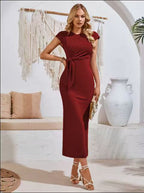 Damen elegantes Maxikleid mit innovativer Raffung und Taillengürtel EB