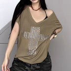Damen stylisches Oversized T-Shirt mit Kreuz-Print und Glitzerdetails EB