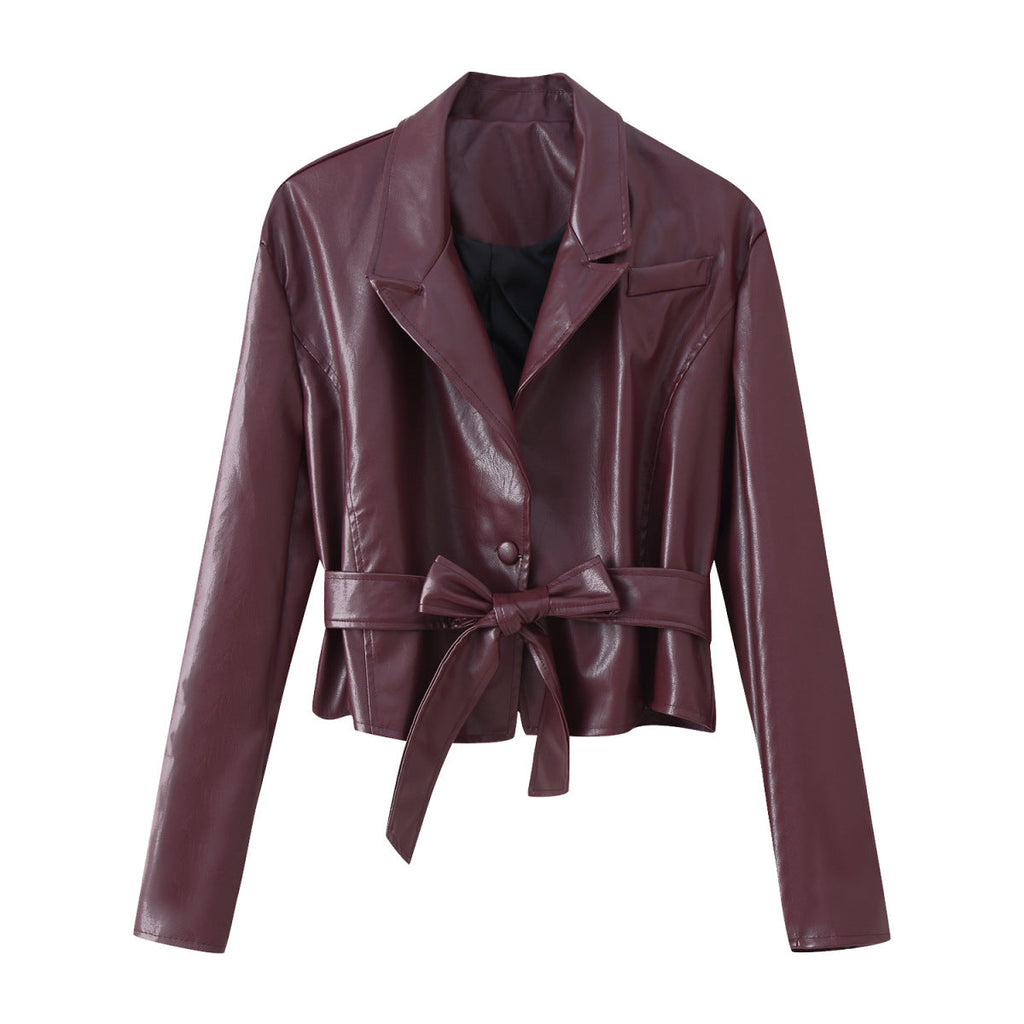 Damen elegante Kunstlederjacke mit tailliertem Schnitt und Bindegürtel EB