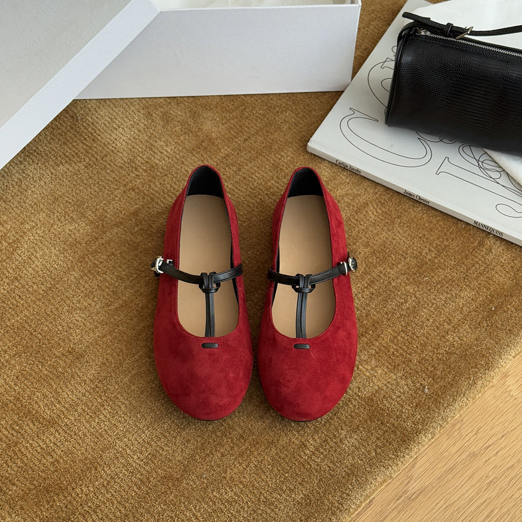 Damen Elegante Ballerinas mit modischem Riemchen aus weichem Veloursleder EB