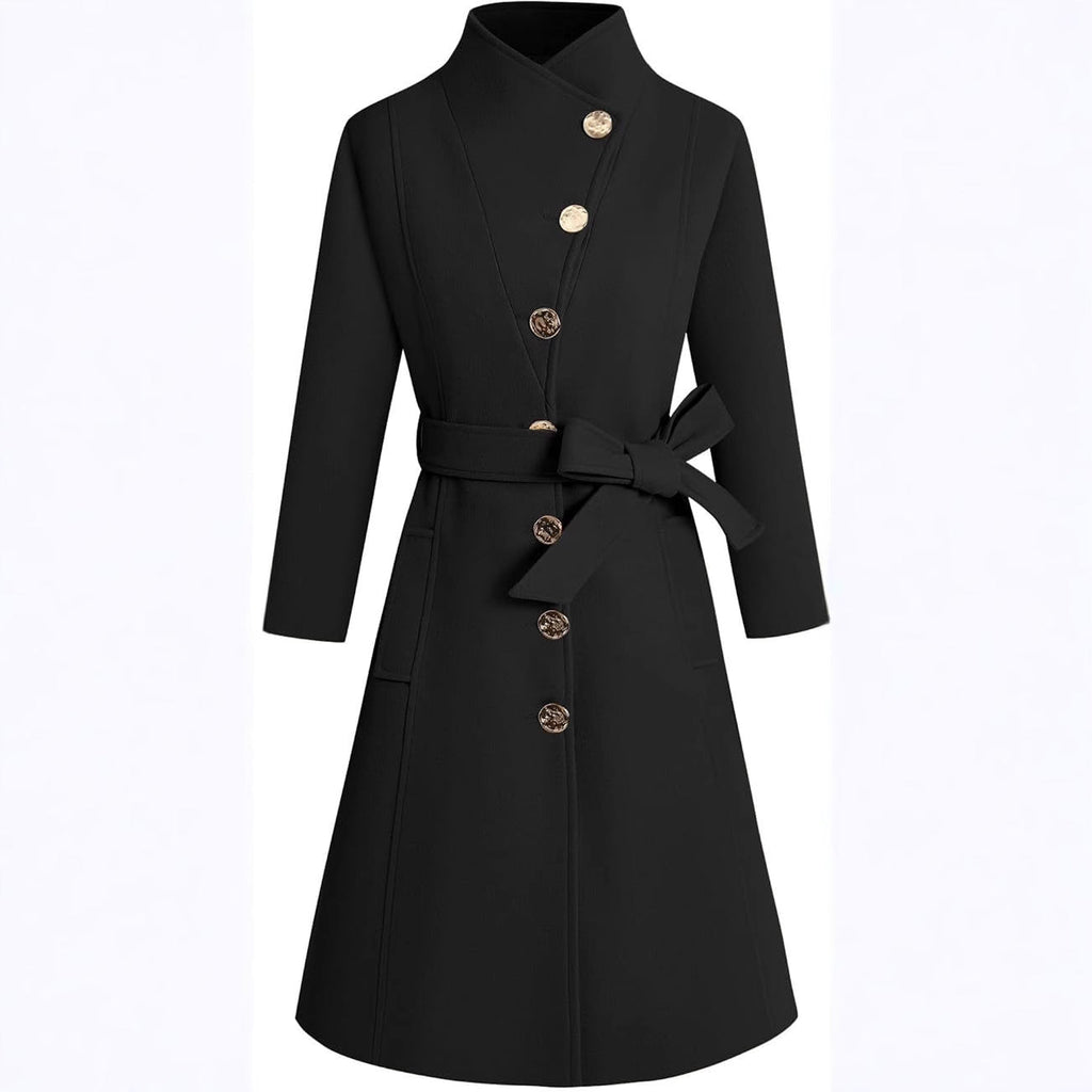 Damen eleganter Wrap-Mantel mit ausgefallenem Kragen und Gürtel EB
