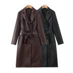 Damen Kunstleder Trenchcoat mit Taillengürtel und eleganter Taschennaht EB