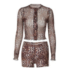 Damen Transparente Leopardenmuster Bluse und Short Set EB