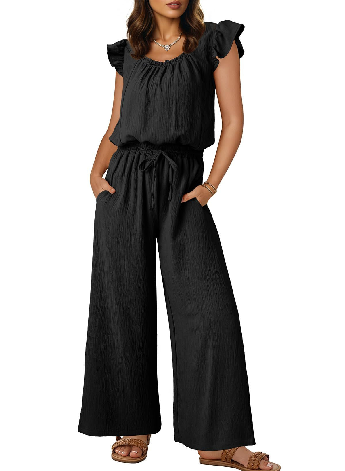Damen-Crinkle-Jumpsuit mit weitem Bein, elastischem Bund und gerüschten Ärmeln