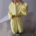 Damen nan kurzes Reißverschluss-Cropped-Hoodie und weitgeschnittene Highwaist-Loungehose Set EB