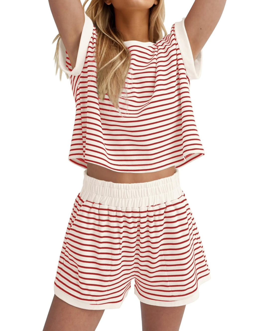 Damen Lässiges gestreiftes Set aus lockerer Oberteil und Shorts EB