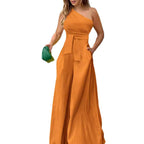 Damen Eleganter Jumpsuit mit asymmetrischem Ausschnitt und Taillengürtel EB