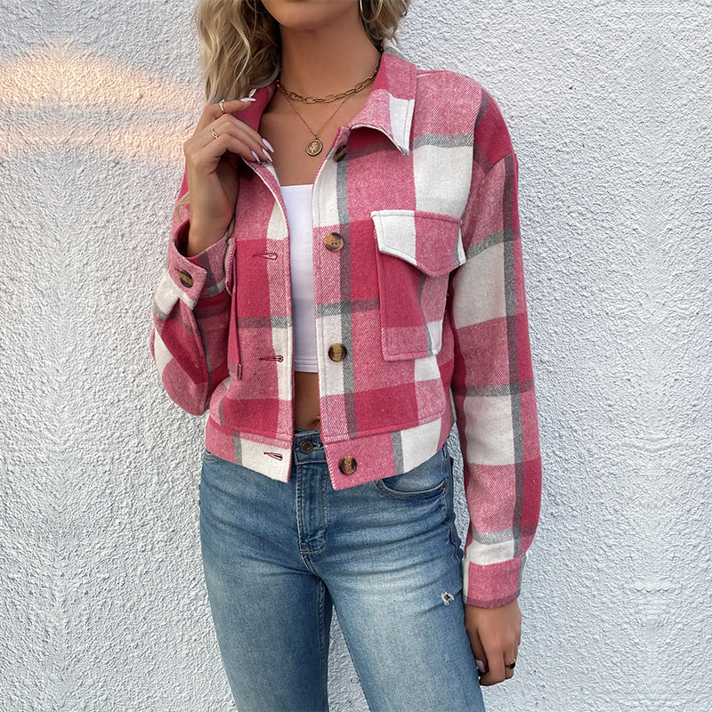Damen Karierte Denimjacke mit Knöpfen und Brusttaschen EB