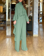 Eleganter Damen-Jumpsuit mit Cape-Rüsche und weitem Palazzo-Bein