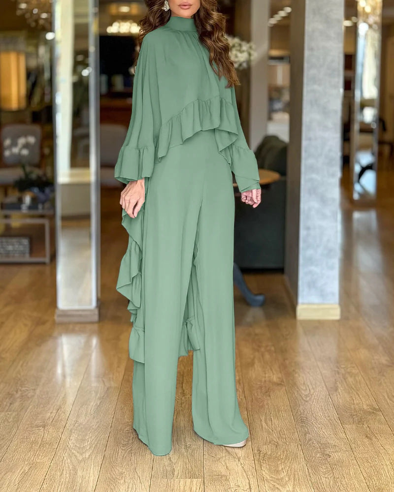 Eleganter Damen-Jumpsuit mit Cape-Rüsche und weitem Palazzo-Bein