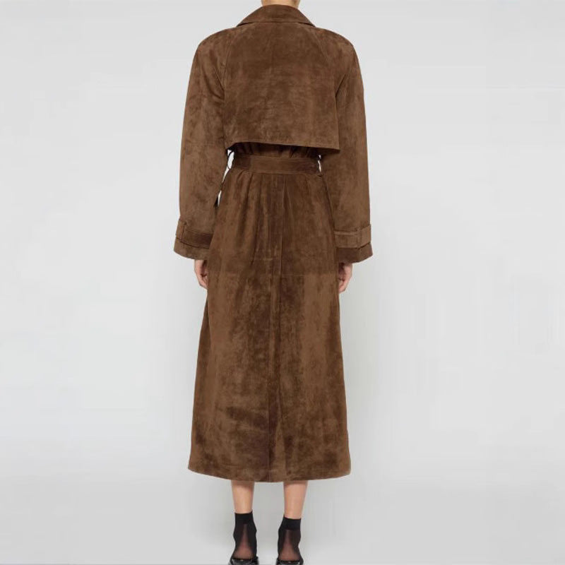 Damen eleganter und taillierter Wildleder-Trenchcoat mit Gürtel EB