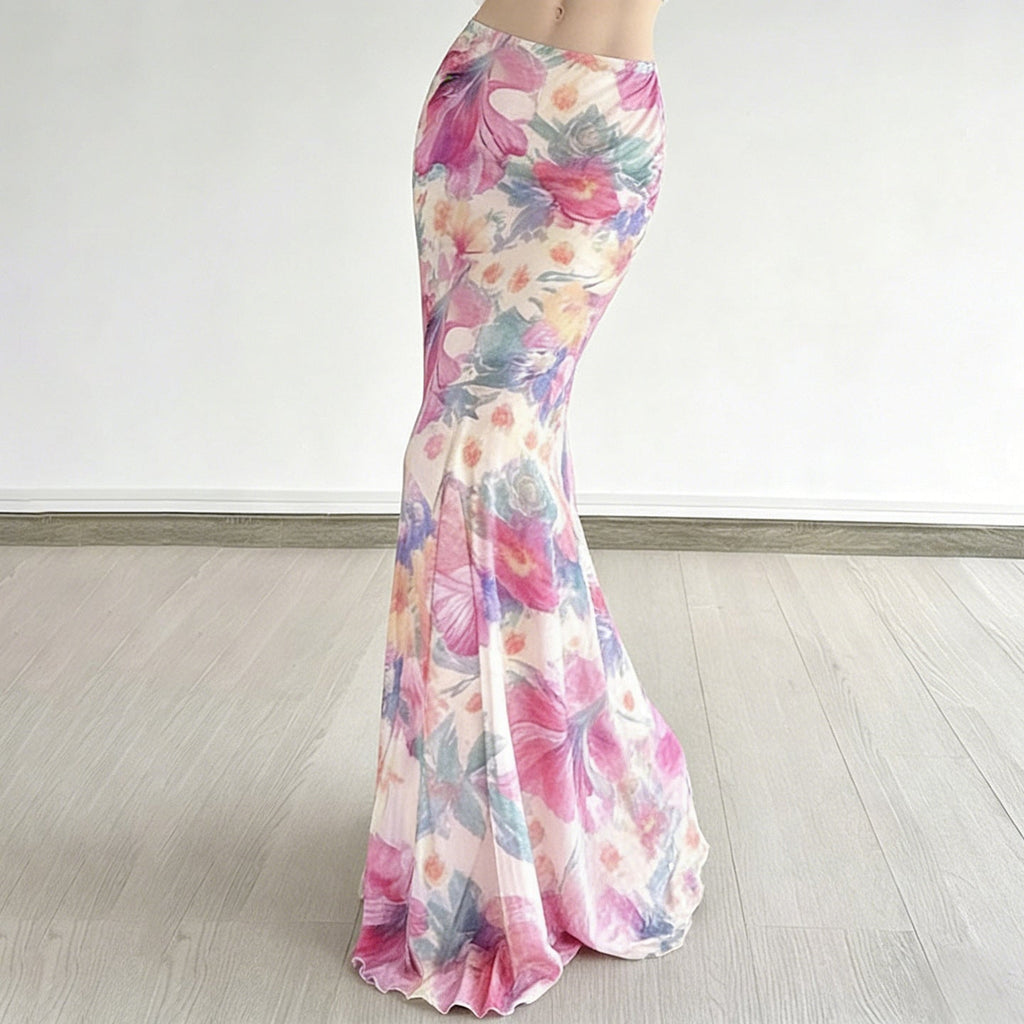Damen Fließender Maxirock mit floralem Design und schwingendem Saum EB