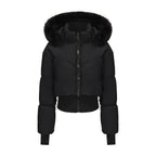 Damen cropped Daunenjacke mit abnehmbarer Kapuze und Kunstfellbesatz