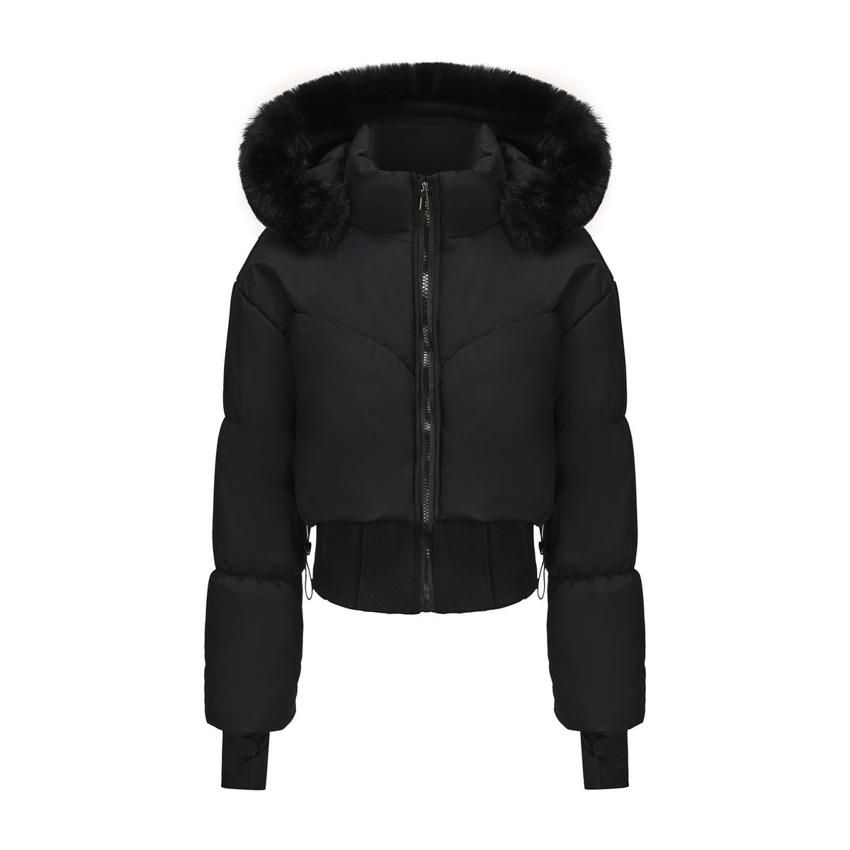 Damen cropped Daunenjacke mit abnehmbarer Kapuze und Kunstfellbesatz